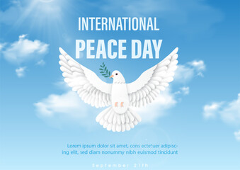 White pigeon flying with puffy clouds and wording of event, example texts on blue sky background. Poster's campaign of international peace day in paper cut style and vector design.