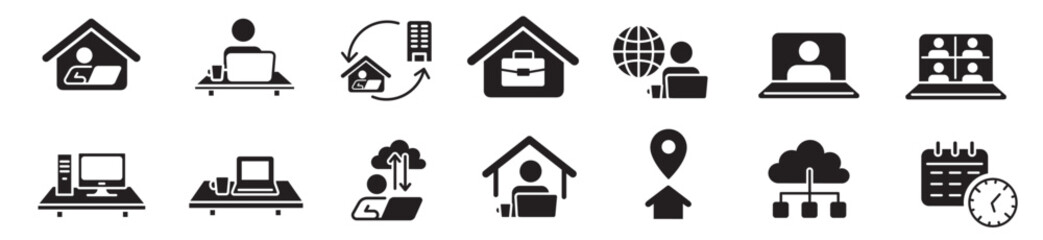 Working from home, remote work, icon set. 