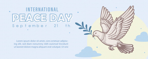 Poster concepts of International day of Peace with dove peace flying and wording of event in flat style and example texts on light blue background.