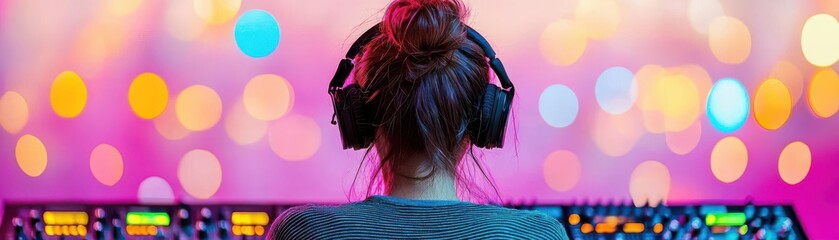 Naklejka premium Woman sound technician mixing audio, vibrant studio, colorful lights, rear view, professional recording equipment, creative and focused atmosphere