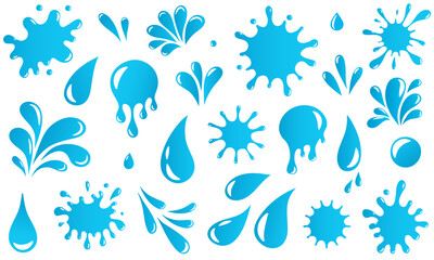 Water drops and splash silhouette set. Blue different liquid shapes collection isolated on white background. Vector illustration.
