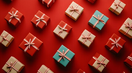 Christmas gift boxes on a red background.