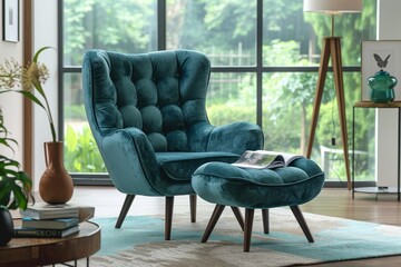 Mid-century modern teal velvet lounge chair and ottoman set with book pockets in cozy living space by garden window