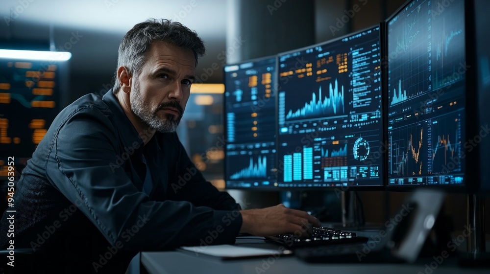 Aufkleber A man is sitting in front of three computer monitors