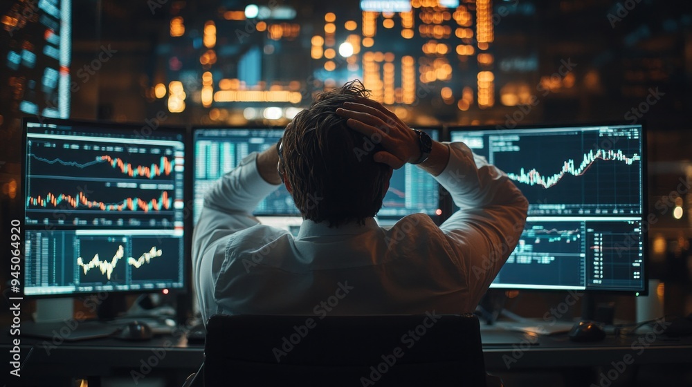Aufkleber a man is sitting in front of a computer monitor with his head down