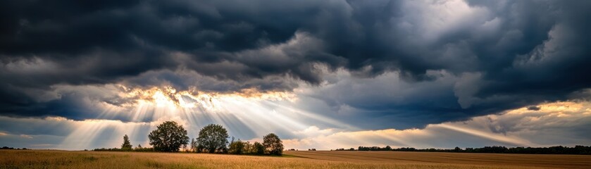Obraz premium Sun rays pierce through dark storm clouds, casting dramatic light over a vast open field with trees on the horizon.