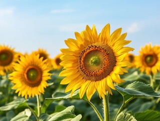 Obraz premium Close-up of vibrant sunflowers in full bloom in a field under a clear blue sky on a sunny day, showcasing their bright yellow petals.