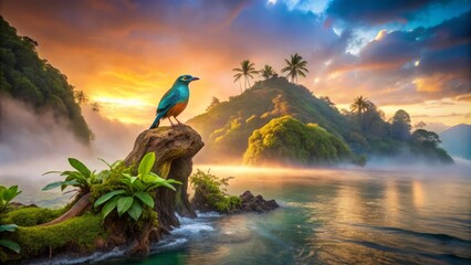 Golden light of dawn creeps across the horizon, capturing a moment of serenity as a thrush's emerald feathers shimmer on a driftwood tree.