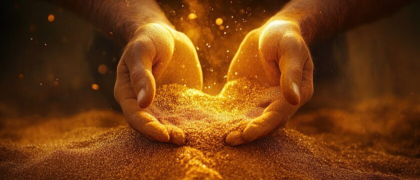 Close-up of a gold miner gritty hands sifting through golden sand with a powerful spotlight emphasizing the shimmer of precious metal and mining tools