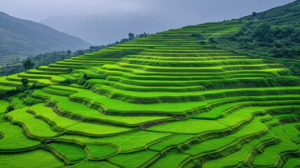 Obraz premium Vivid green rice terraces stretch across a misty mountainous landscape, creating a picturesque and tranquil rural scene.