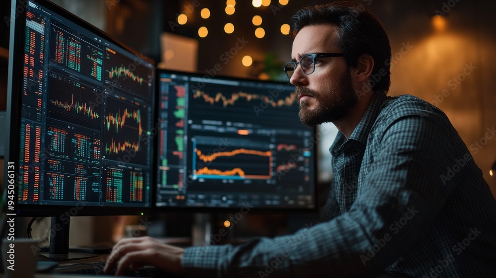 Poster a man is sitting in front of two computer monitors