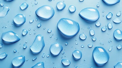Seamless Pattern Featuring Realistic 3D Water Droplets of Various Sizes, Showcasing Light Reflections and Subtle Shadows. Arranged in a Random Yet Balanced Layout on a Light Blue Background