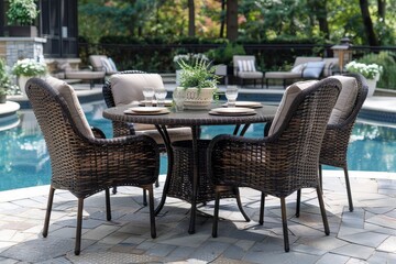 Outdoor wicker dining set with oval table and four chairs by the poolside, dark brown rattan furniture for patio relaxation.