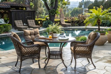 Obraz premium Outdoor wicker dining set with oval table and four chairs by the poolside, dark brown rattan furniture for patio relaxation.