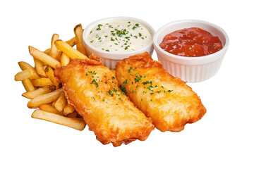 Delicious fish and chips served with creamy tartar sauce and zesty ketchup. Perfect for a hearty meal or snack.