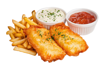 Delicious fish and chips served with creamy tartar sauce and zesty ketchup. Perfect for a hearty meal or snack.