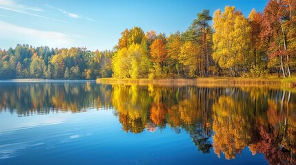 Obraz premium A calm lake reflecting the vibrant colors of autumn trees, conveying the importance of finding inner peace and serenity for mental well-being.