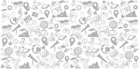 Geography symbols seamless pattern. Equipments for web banners background.  Education concept. Back to school background. Set of geography symbols. Cartoon illustration for school subject design.  © Semiletava Hanna
