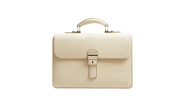 Elegant beige leather briefcase with structured design, perfect for professionals and business meetings.