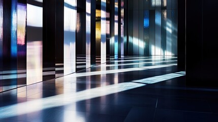 Dynamic light beams and shadow play creating abstract, layered patterns on reflective surfaces for a stunning visual effect