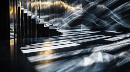 Dynamic light beams and shadow play creating abstract, layered patterns on reflective surfaces for a stunning visual effect