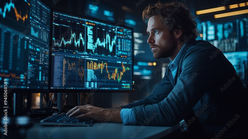 Poster A man is sitting in front of three computer monitors