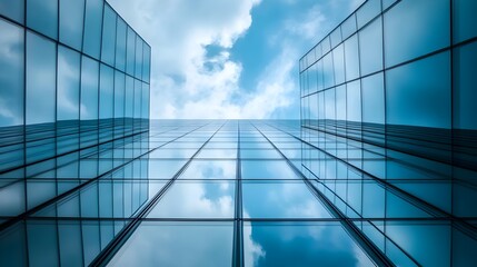 A striking modern glass skyscraper reflecting the clear blue sky creating a mesmerizing and captivating architectural display in the heart of the bustling urban cityscape