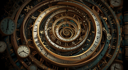 Obraz premium An abstract representation of time as a swirling vortex of clock faces and hourglasses, conveying the relentless passage of time and the concept of eternity.