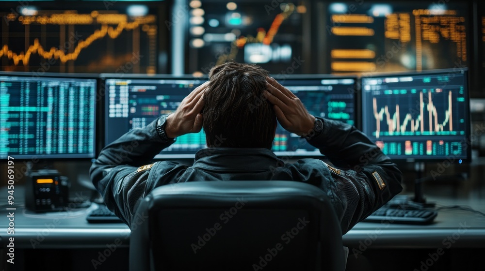 Poster a man is sitting in front of a computer monitor with his hands on his head