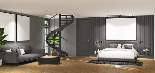 3d render of minimal bedroom with black spiral stairs and frame mockup. Wood parquet floor, wood louvre backdrop and white ceiling. Set 8