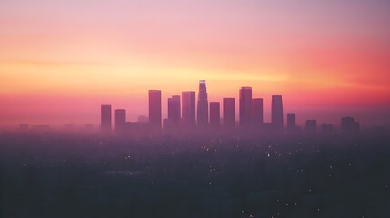 Fototapeta premium Stunning urban skyline with towering skyscrapers and captivating sunset hues offering ample copy space for your design needs