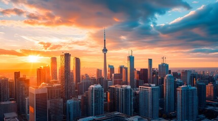 Fototapeta premium Vibrant Urban Skyline at Breathtaking Sunset with Dramatic Silhouettes and Copy Space Stunning cityscape panorama of a modern metropolitan city with skyscrapers and high rise buildings at dusk