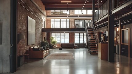 Converted industrial warehouse repurposed into a modern open concept loft apartment with ample natural light exposed brick walls and a minimalist stylish interior design