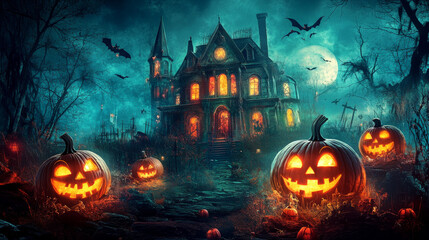 A ghostly mansion illuminated by the flickering light of jack-o'-lanterns, creating a mysterious and haunting Halloween scene.........