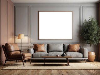 Modern living room interior with a large framed picture, a sofa, and an armchair