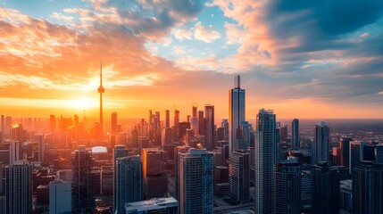 Fototapeta premium Stunning cityscape at dusk showing a panoramic view of a metropolitan city s skyscrapers and office buildings silhouetted against a vibrant gradient filled sky at sunset
