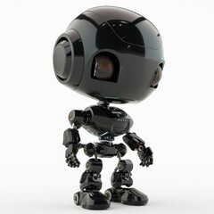 A small, black, cartoon robot with a large head and round eyes, standing with its arms at its sides.