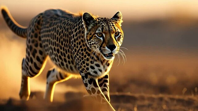 cheetah leaping across a vast savanna at sunset