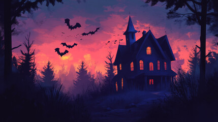 A  haunted house with bats flying ominously overhead, ideal for adding a dramatic and unsettling atmosphere to your Halloween-themed designs.