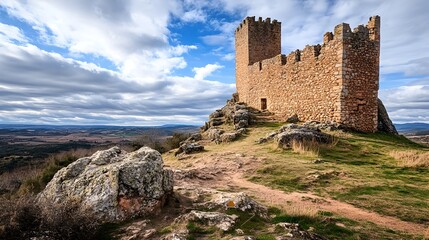 Majestic stone castle fortress perched atop a verdant rolling hill surrounded by a picturesque natural landscape with a dramatic cloudy sky backdrop