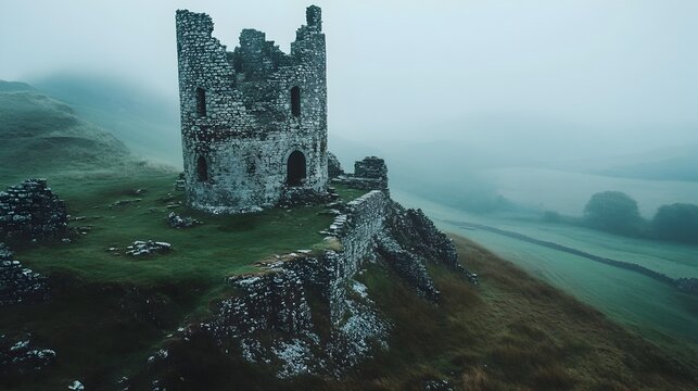 Breathtaking view of an ancient stone castle perched atop a hill its towering walls and turrets silhouetted against a clear picturesque sky