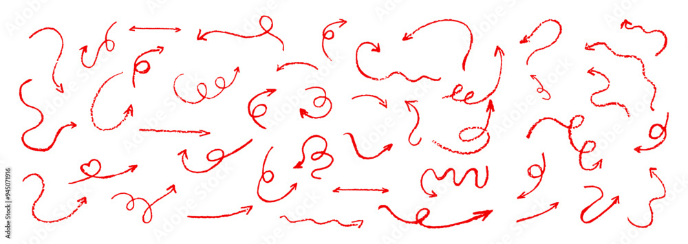 Poster set of children hand drawn crayon arrows. collection of abstract red color pastel curved pointers. f