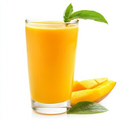 A tall glass of mango juice with a slice of mango and green leaves on a white background.