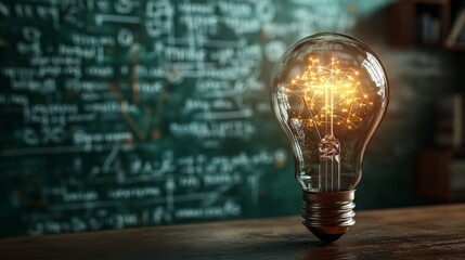 A light bulb is lit up in front of a chalkboard with equations and formulas