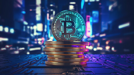  A photorealistic image of a tall stack of gold Bitcoin coins set against the backdrop of a futuristic city bathed in blue and purple neon lights. The coins rise high, while the cityscape is a blur of
