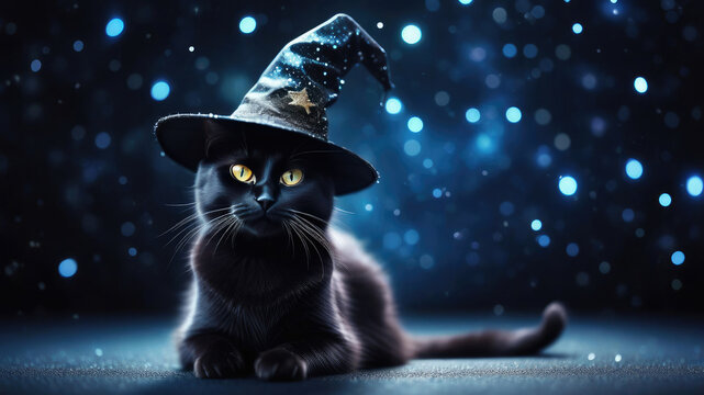 Halloween black cute cat with witch hat on the background of the lights with a bokeh effect.