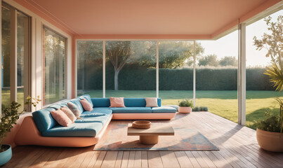 Fototapeta premium A modern sectional sofa sits on a spacious porch overlooking a lush green lawn