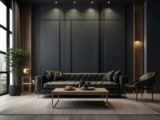 Modern Living Room with Black Leather Sofa and Gold Accents
