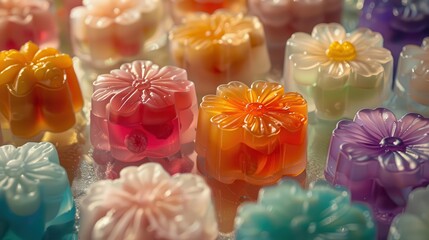 Colorful flower-shaped soaps arranged in a vibrant pattern, showcasing various shades and intricate designs.