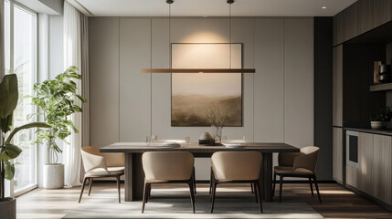 Fototapeta premium Stylish dining room featuring a modern table and minimalist chairs, with a focus on clean
